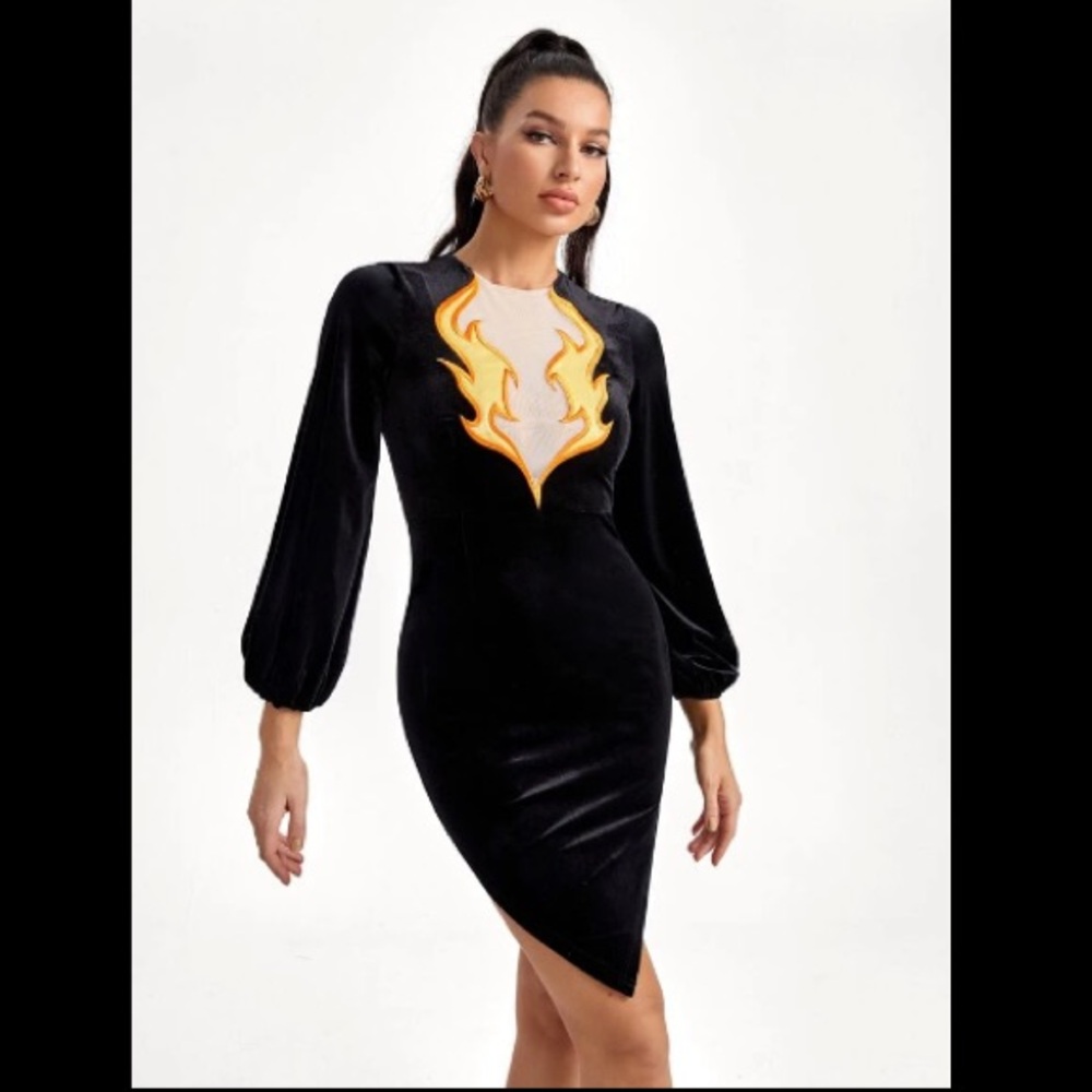 NEW FLAME WALKER EMBROIDERED BLACK VELVET ASYMMETRICAL DRESS - Picture 5 of 6
